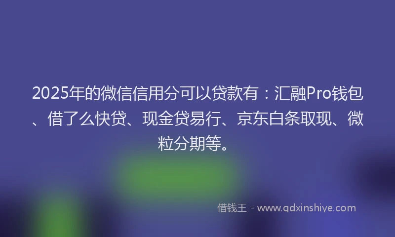 2025年的微信信用分可以贷款有：汇融Pro钱包、借了么快贷、现金贷易行、京东白条取现、微粒分期等。