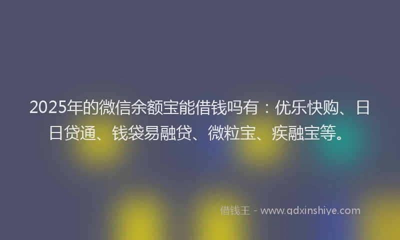 2025年的微信余额宝能借钱吗有：优乐快购、日日贷通、钱袋易融贷、微粒宝、疾融宝等。