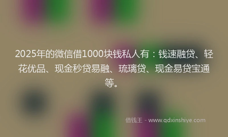 2025年的微信借1000块钱私人有：钱速融贷、轻花优品、现金秒贷易融、琉璃贷、现金易贷宝通等。