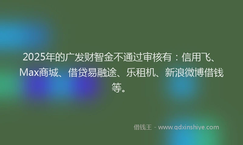2025年的广发财智金不通过审核有：信用飞、Max商城、借贷易融途、乐租机、新浪微博借钱等。