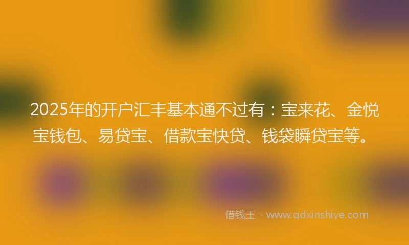 2025年的开户汇丰基本通不过有：宝来花、金悦宝钱包、易贷宝、借款宝快贷、钱袋瞬贷宝等。