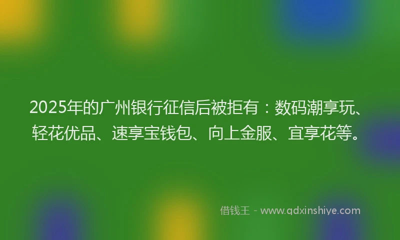 2025年的广州银行征信后被拒有：数码潮享玩、轻花优品、速享宝钱包、向上金服、宜享花等。