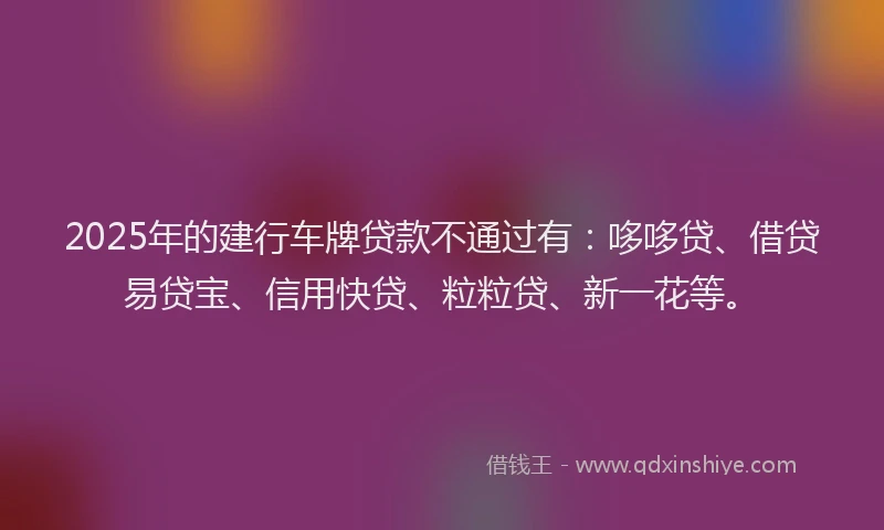 2025年的建行车牌贷款不通过有：哆哆贷、借贷易贷宝、信用快贷、粒粒贷、新一花等。