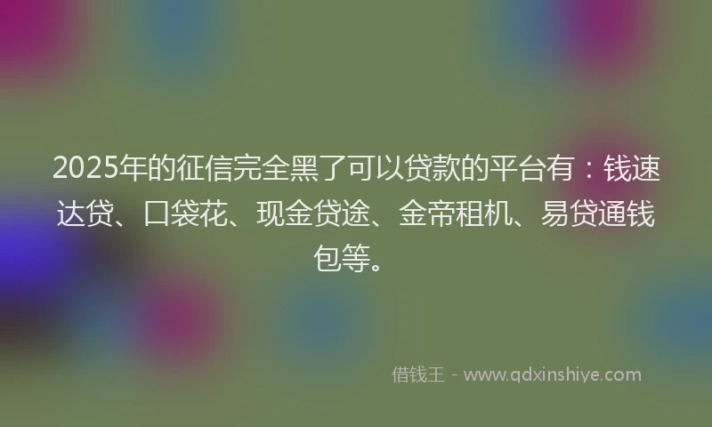 2025年的征信完全黑了可以贷款的平台有：钱速达贷、口袋花、现金贷途、金帝租机、易贷通钱包等。