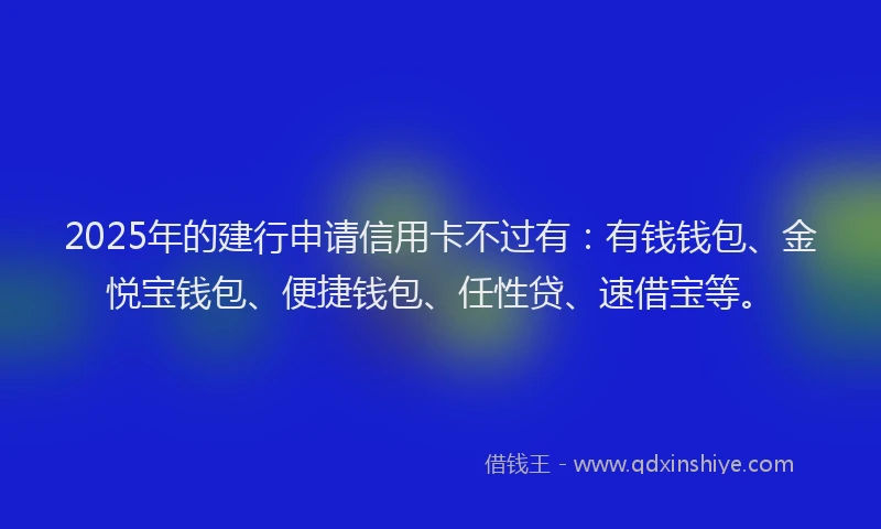 2025年的建行申请信用卡不过有：有钱钱包、金悦宝钱包、便捷钱包、任性贷、速借宝等。