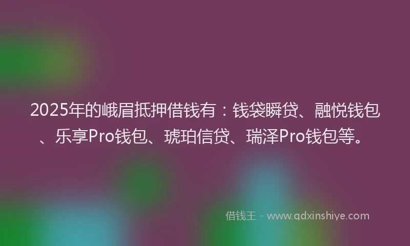 2025年的峨眉抵押借钱有：钱袋瞬贷、融悦钱包、乐享Pro钱包、琥珀信贷、瑞泽Pro钱包等。