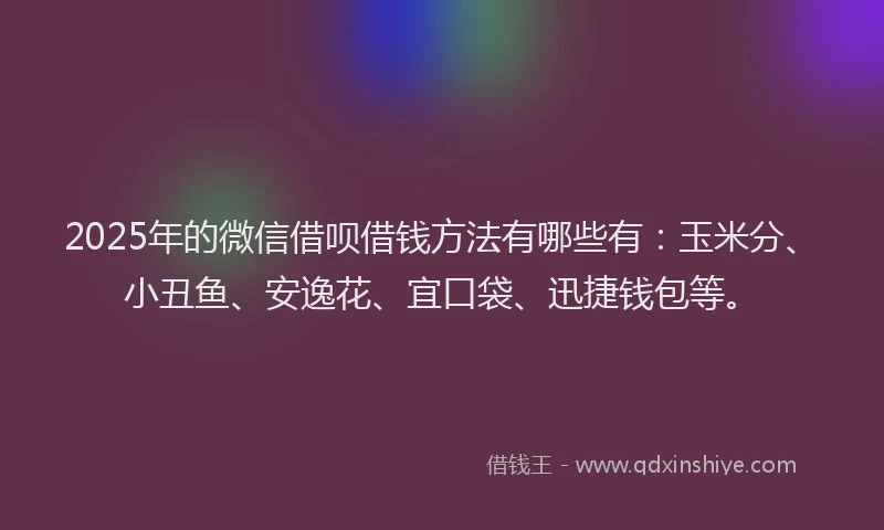 2025年的微信借呗借钱方法有哪些有：玉米分、小丑鱼、安逸花、宜口袋、迅捷钱包等。