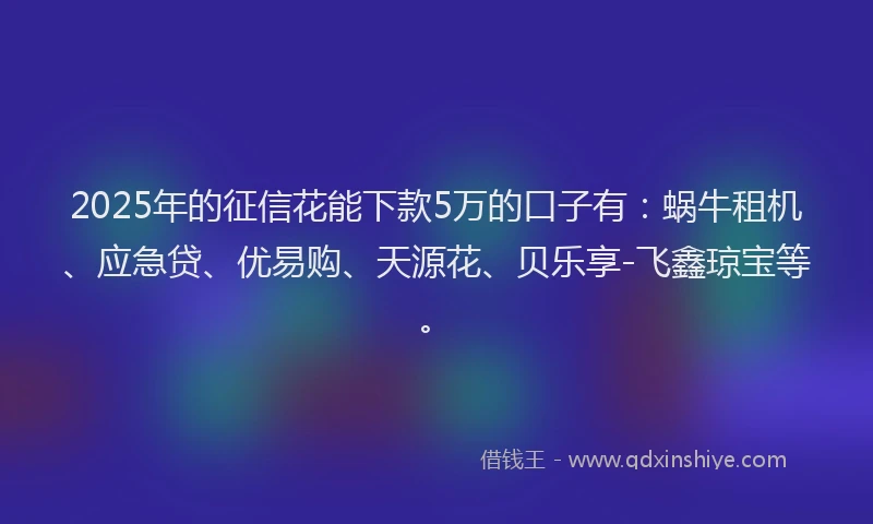2025年的征信花能下款5万的口子有：蜗牛租机、应急贷、优易购、天源花、贝乐享-飞鑫琼宝等。