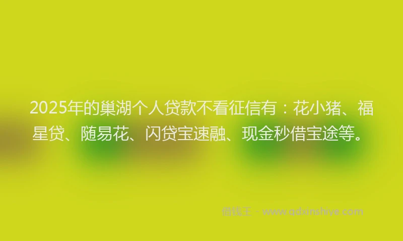 2025年的巢湖个人贷款不看征信有：花小猪、福星贷、随易花、闪贷宝速融、现金秒借宝途等。