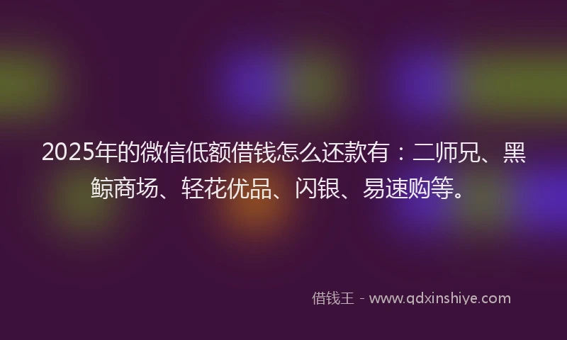 2025年的微信低额借钱怎么还款有：二师兄、黑鲸商场、轻花优品、闪银、易速购等。