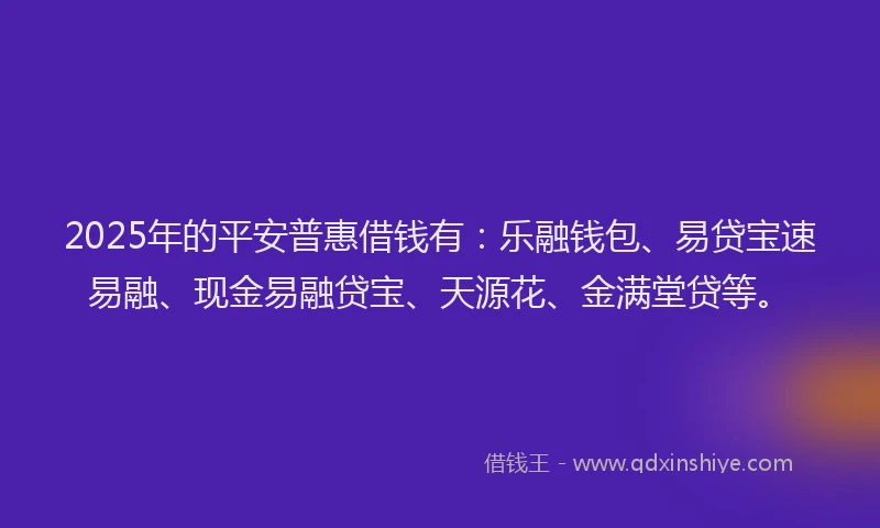 2025年的平安普惠借钱有：乐融钱包、易贷宝速易融、现金易融贷宝、天源花、金满堂贷等。