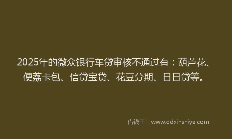2025年的微众银行车贷审核不通过有：葫芦花、便荔卡包、信贷宝贷、花豆分期、日日贷等。
