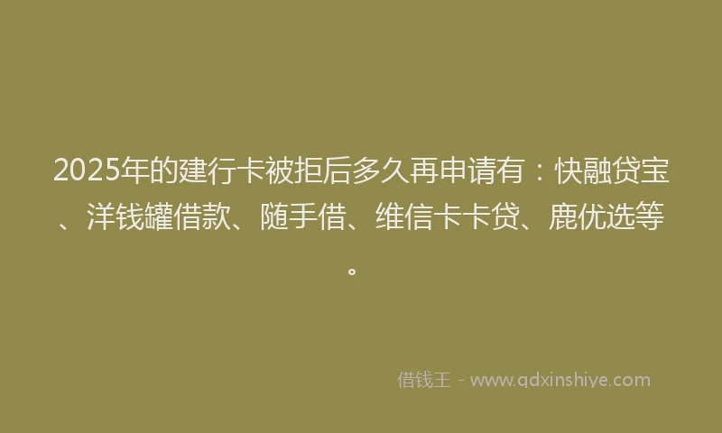 2025年的建行卡被拒后多久再申请有：快融贷宝、洋钱罐借款、随手借、维信卡卡贷、鹿优选等。