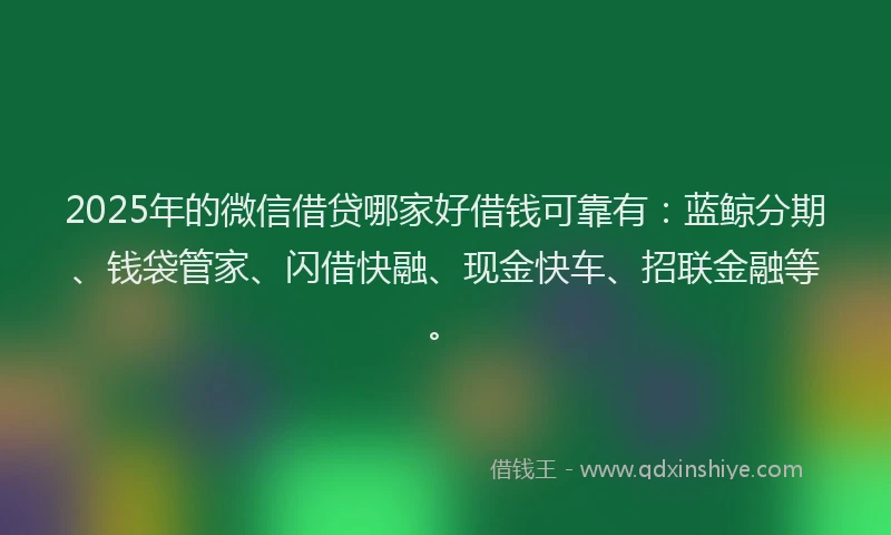 2025年的微信借贷哪家好借钱可靠有：蓝鲸分期、钱袋管家、闪借快融、现金快车、招联金融等。