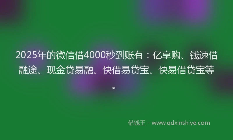 2025年的微信借4000秒到账有：亿享购、钱速借融途、现金贷易融、快借易贷宝、快易借贷宝等。