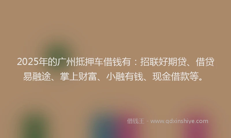 2025年的广州抵押车借钱有：招联好期贷、借贷易融途、掌上财富、小融有钱、现金借款等。