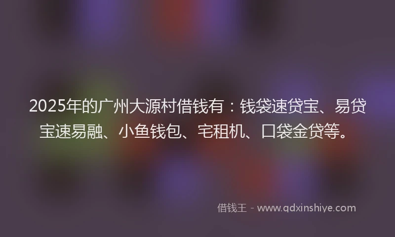 2025年的广州大源村借钱有：钱袋速贷宝、易贷宝速易融、小鱼钱包、宅租机、口袋金贷等。
