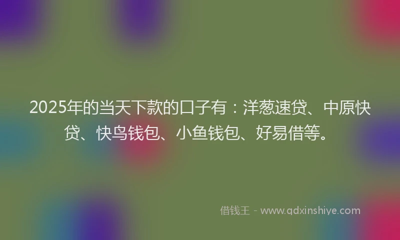2025年的当天下款的口子有：洋葱速贷、中原快贷、快鸟钱包、小鱼钱包、好易借等。