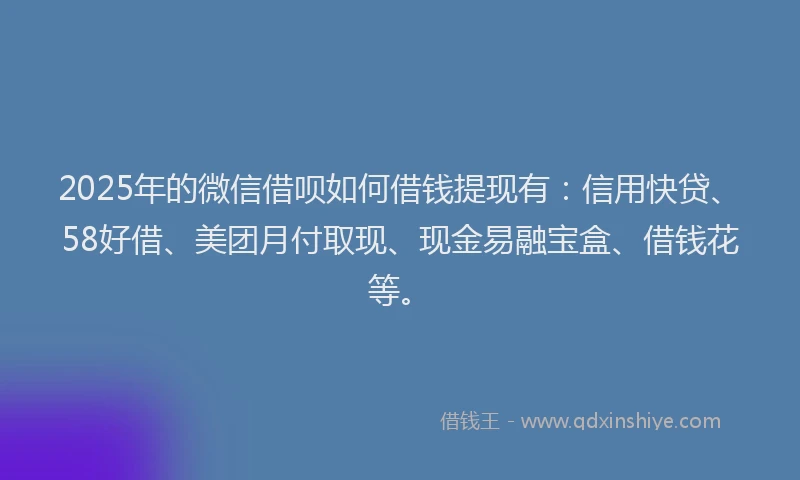 2025年的微信借呗如何借钱提现有：信用快贷、58好借、美团月付取现、现金易融宝盒、借钱花等。
