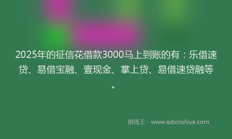 2025年的征信花借款3000马上到账的有:乐借速贷、易借宝融、壹现金、掌上贷、易借速贷融等。