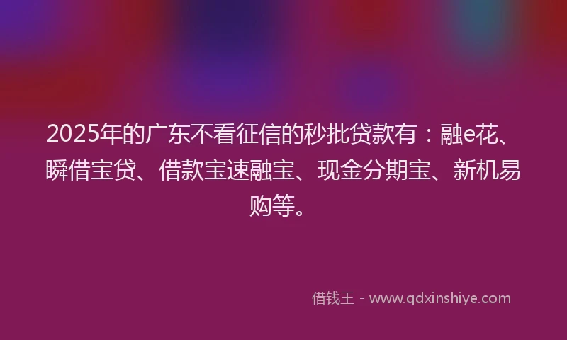 2025年的广东不看征信的秒批贷款有：融e花、瞬借宝贷、借款宝速融宝、现金分期宝、新机易购等。