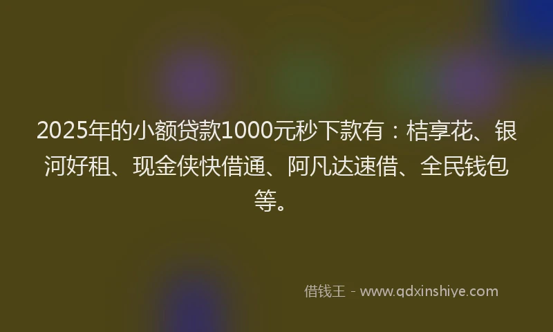 2025年的小额贷款1000元秒下款有：桔享花、银河好租、现金侠快借通、阿凡达速借、全民钱包等。