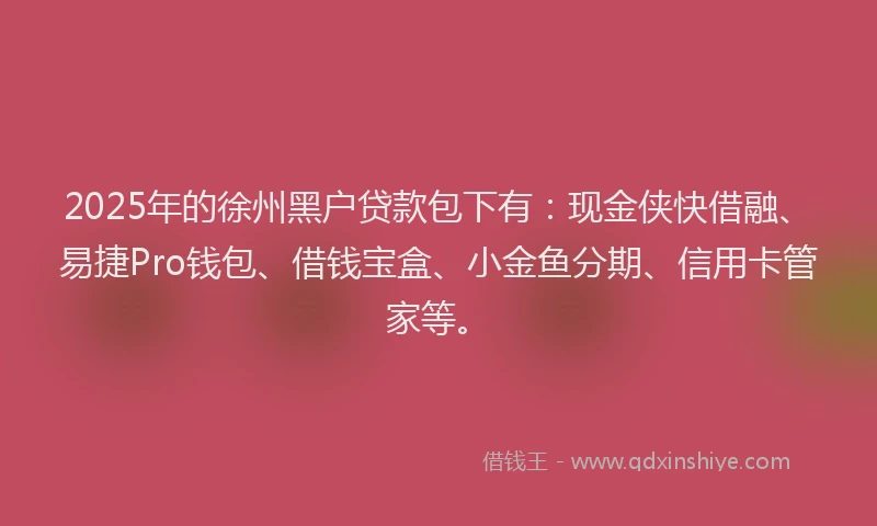 2025年的徐州黑户贷款包下有：现金侠快借融、易捷Pro钱包、借钱宝盒、小金鱼分期、信用卡管家等。
