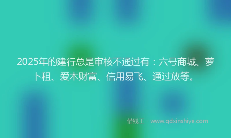 2025年的建行总是审核不通过有：六号商城、萝卜租、爱木财富、信用易飞、通过放等。