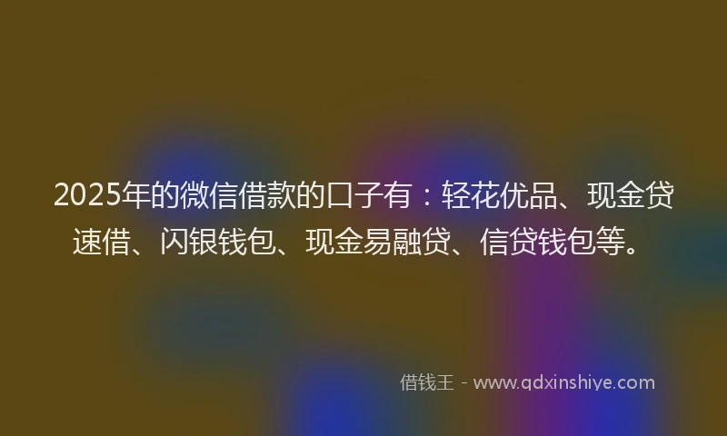 2025年的微信借款的口子有：轻花优品、现金贷速借、闪银钱包、现金易融贷、信贷钱包等。