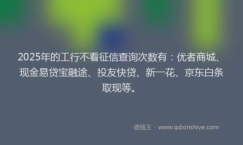 2025年的工行不看征信查询次数有：优者商城、现金易贷宝融途、投友快贷、新一花、京东白条取现等。