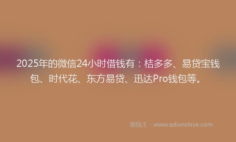 2025年的微信24小时借钱有：桔多多、易贷宝钱包、时代花、东方易贷、迅达Pro钱包等。