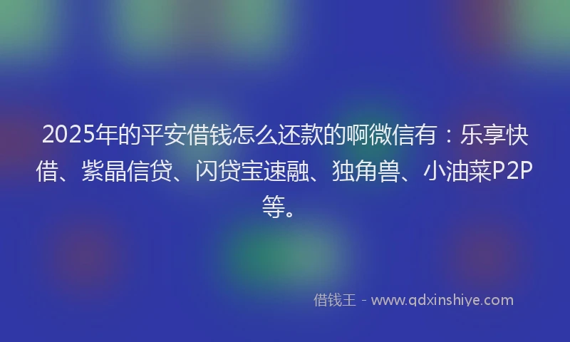 2025年的平安借钱怎么还款的啊微信有：乐享快借、紫晶信贷、闪贷宝速融、独角兽、小油菜P2P等。