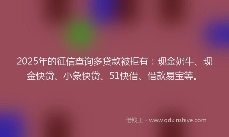 2025年的征信查询多贷款被拒有：现金奶牛、现金快贷、小象快贷、51快借、借款易宝等。