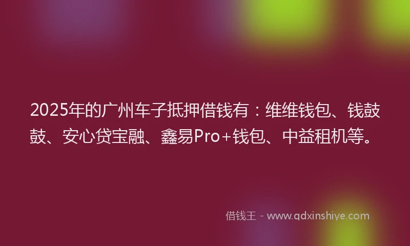 2025年的广州车子抵押借钱有：维维钱包、钱鼓鼓、安心贷宝融、鑫易Pro+钱包、中益租机等。