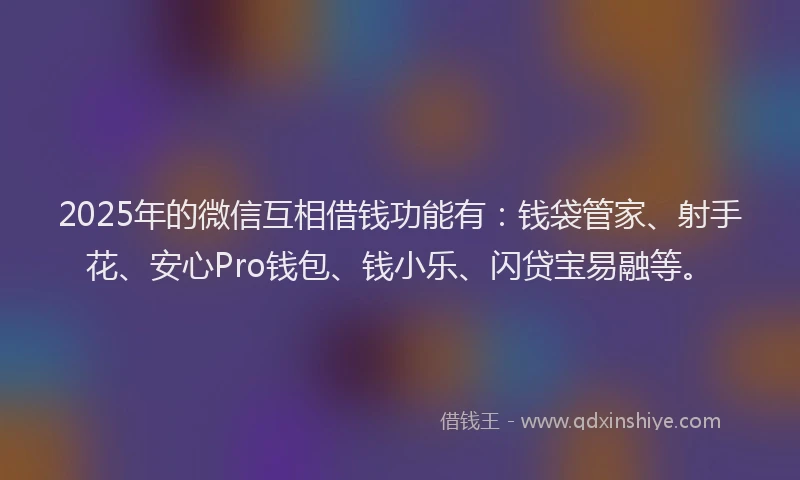 2025年的微信互相借钱功能有：钱袋管家、射手花、安心Pro钱包、钱小乐、闪贷宝易融等。