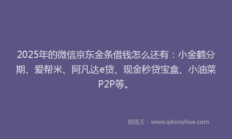 2025年的微信京东金条借钱怎么还有：小金鹤分期、爱帮米、阿凡达e贷、现金秒贷宝盒、小油菜P2P等。