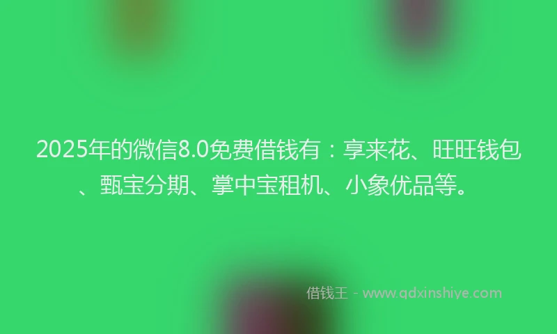 2025年的微信8.0免费借钱有：享来花、旺旺钱包、甄宝分期、掌中宝租机、小象优品等。