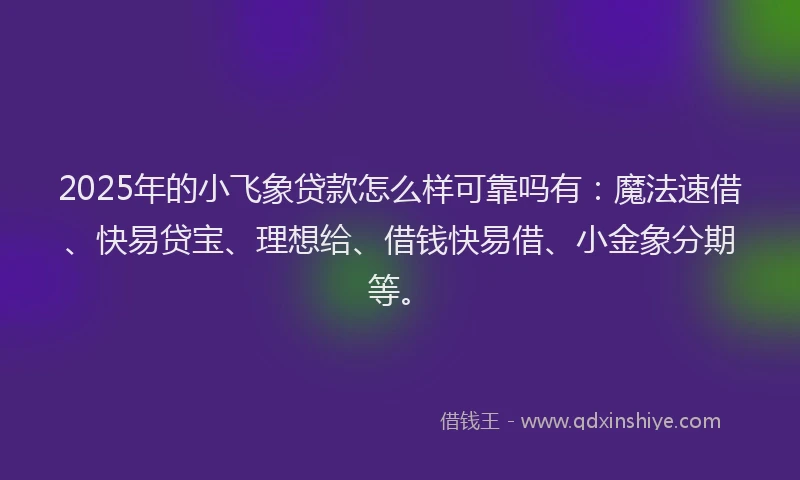 2025年的小飞象贷款怎么样可靠吗有：魔法速借、快易贷宝、理想给、借钱快易借、小金象分期等。
