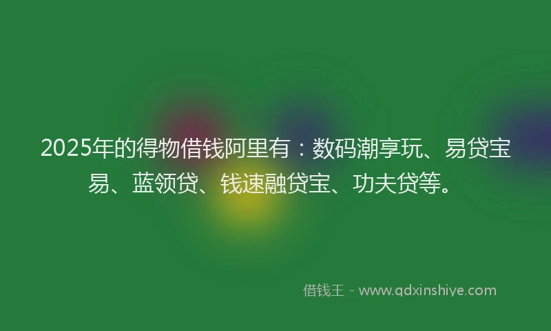 2025年的得物借钱阿里有：数码潮享玩、易贷宝易、蓝领贷、钱速融贷宝、功夫贷等。