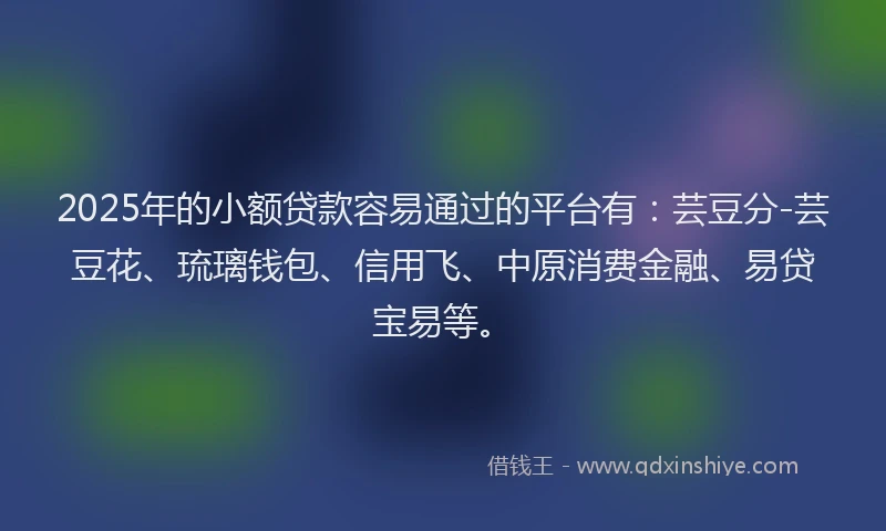 2025年的小额贷款容易通过的平台有：芸豆分-芸豆花、琉璃钱包、信用飞、中原消费金融、易贷宝易等。