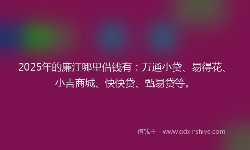 2025年的廉江哪里借钱有：万通小贷、易得花、小吉商城、快快贷、甄易贷等。