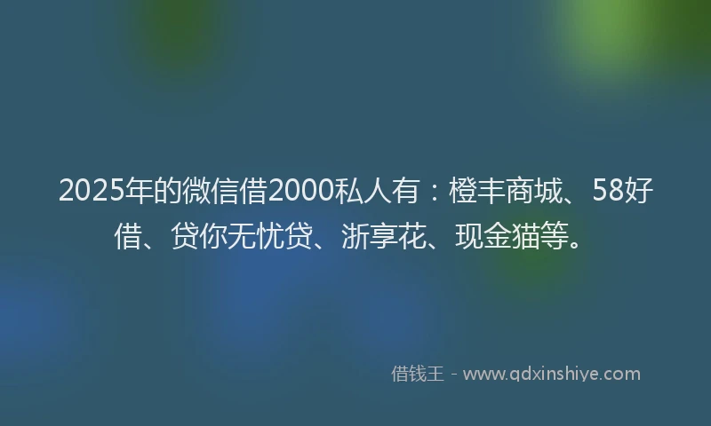 2025年的微信借2000私人有：橙丰商城、58好借、贷你无忧贷、浙享花、现金猫等。
