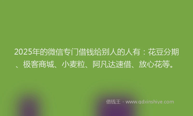 2025年的微信专门借钱给别人的人有：花豆分期、极客商城、小麦粒、阿凡达速借、放心花等。