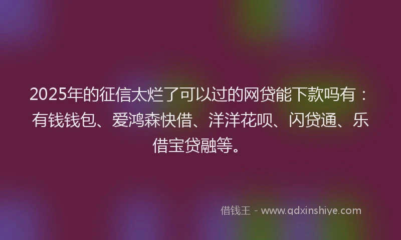 2025年的征信太烂了可以过的网贷能下款吗有：有钱钱包、爱鸿森快借、洋洋花呗、闪贷通、乐借宝贷融等。