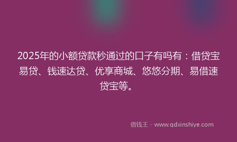 2025年的小额贷款秒通过的口子有吗有：借贷宝易贷、钱速达贷、优享商城、悠悠分期、易借速贷宝等。