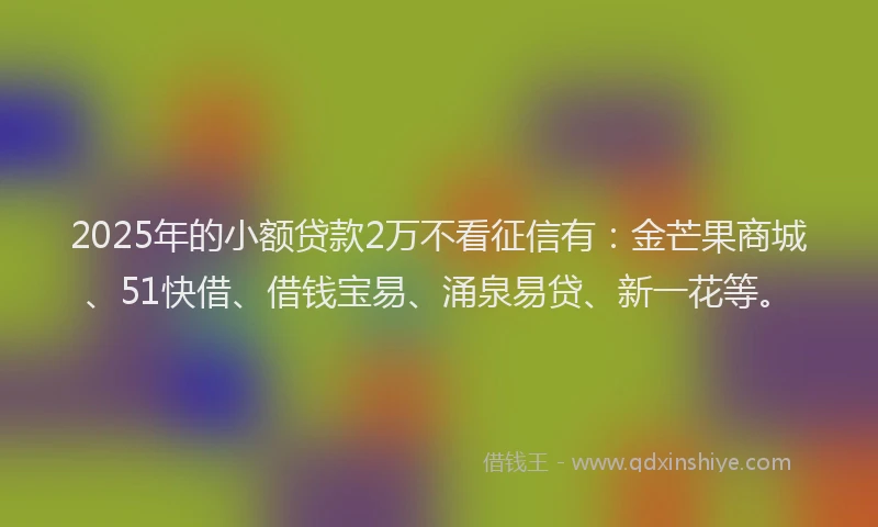 2025年的小额贷款2万不看征信有：金芒果商城、51快借、借钱宝易、涌泉易贷、新一花等。