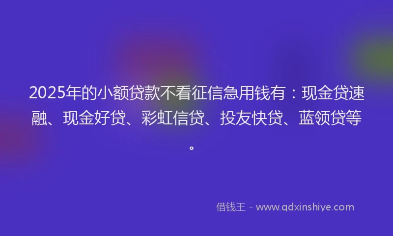 2025年的小额贷款不看征信急用钱有：现金贷速融、现金好贷、彩虹信贷、投友快贷、蓝领贷等。