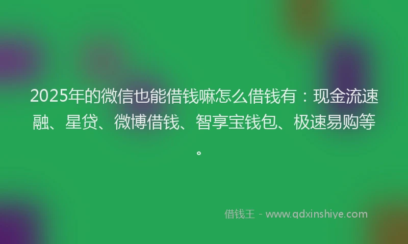 2025年的微信也能借钱嘛怎么借钱有：现金流速融、星贷、微博借钱、智享宝钱包、极速易购等。