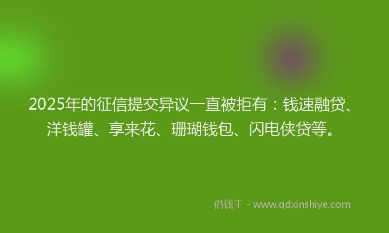 2025年的征信提交异议一直被拒有：钱速融贷、洋钱罐、享来花、珊瑚钱包、闪电侠贷等。