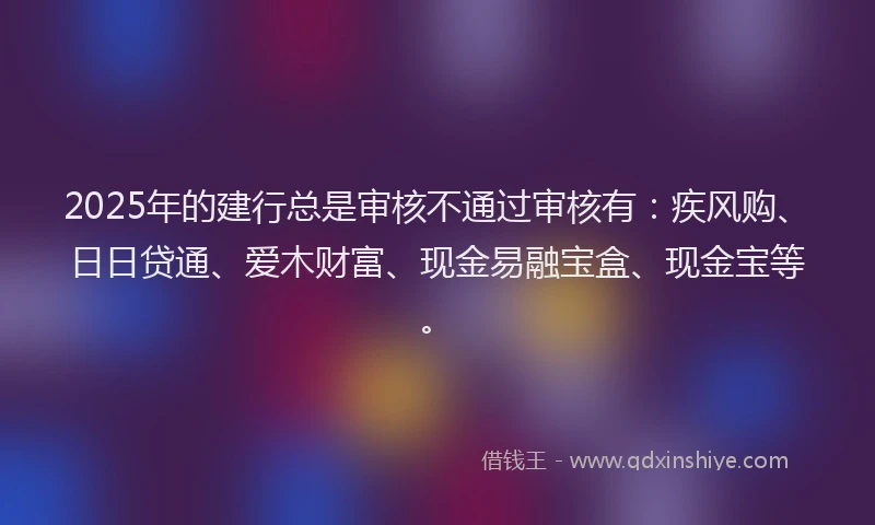2025年的建行总是审核不通过审核有：疾风购、日日贷通、爱木财富、现金易融宝盒、现金宝等。